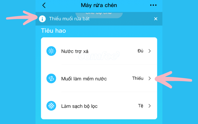 App SmartHome hiển thị thông báo máy rửa chén bị thiếu muối làm mềm nước