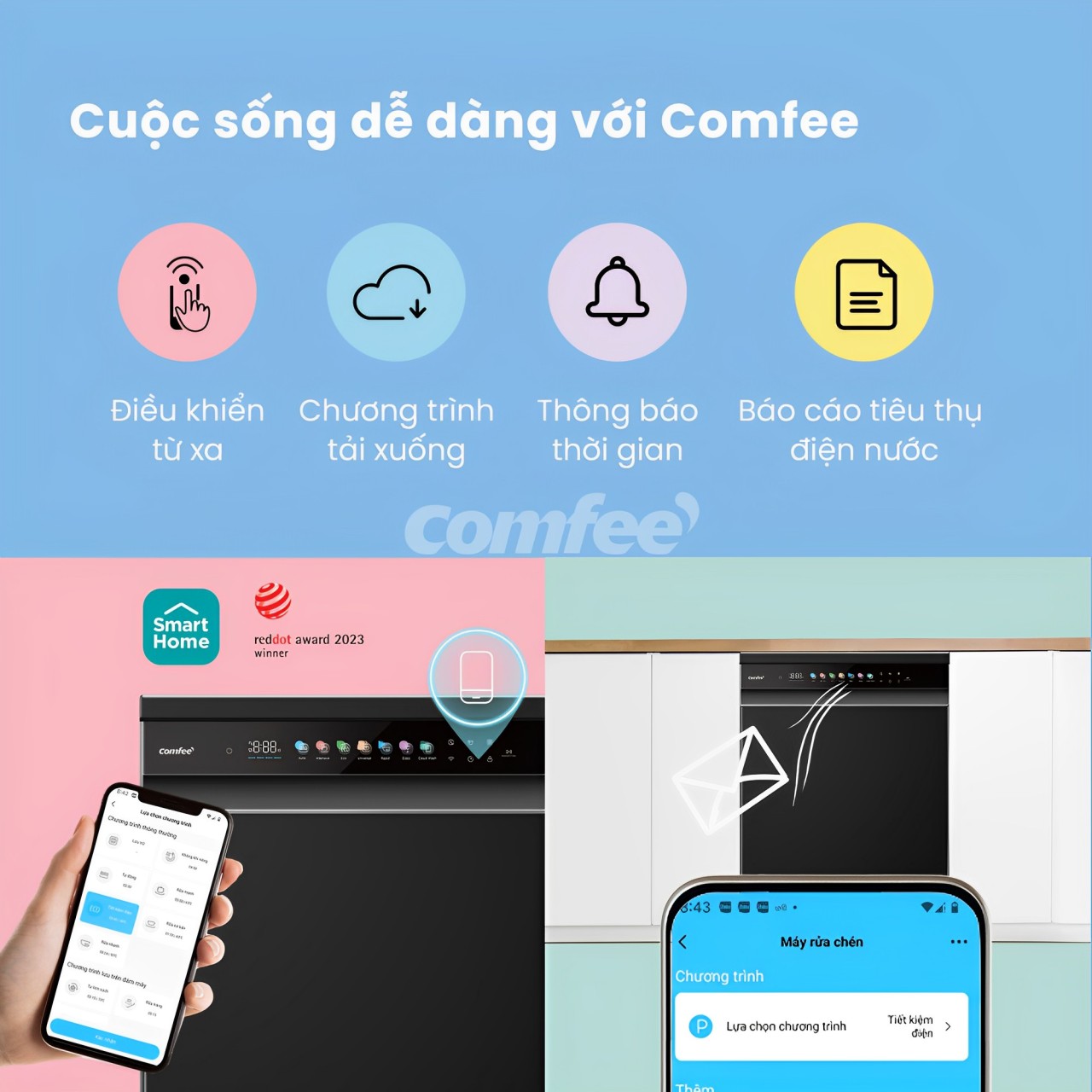 Bạn dễ dàng điều khiển máy rửa chén thông minh Comfee trên ứng dụng SmartHome