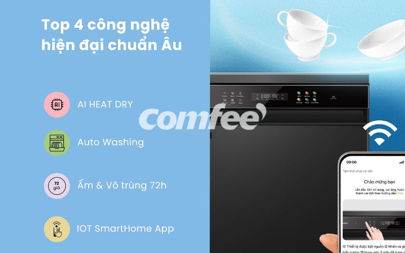 Máy rửa chén Comfee được tích hợp chế độ sấy AI Heat Dry