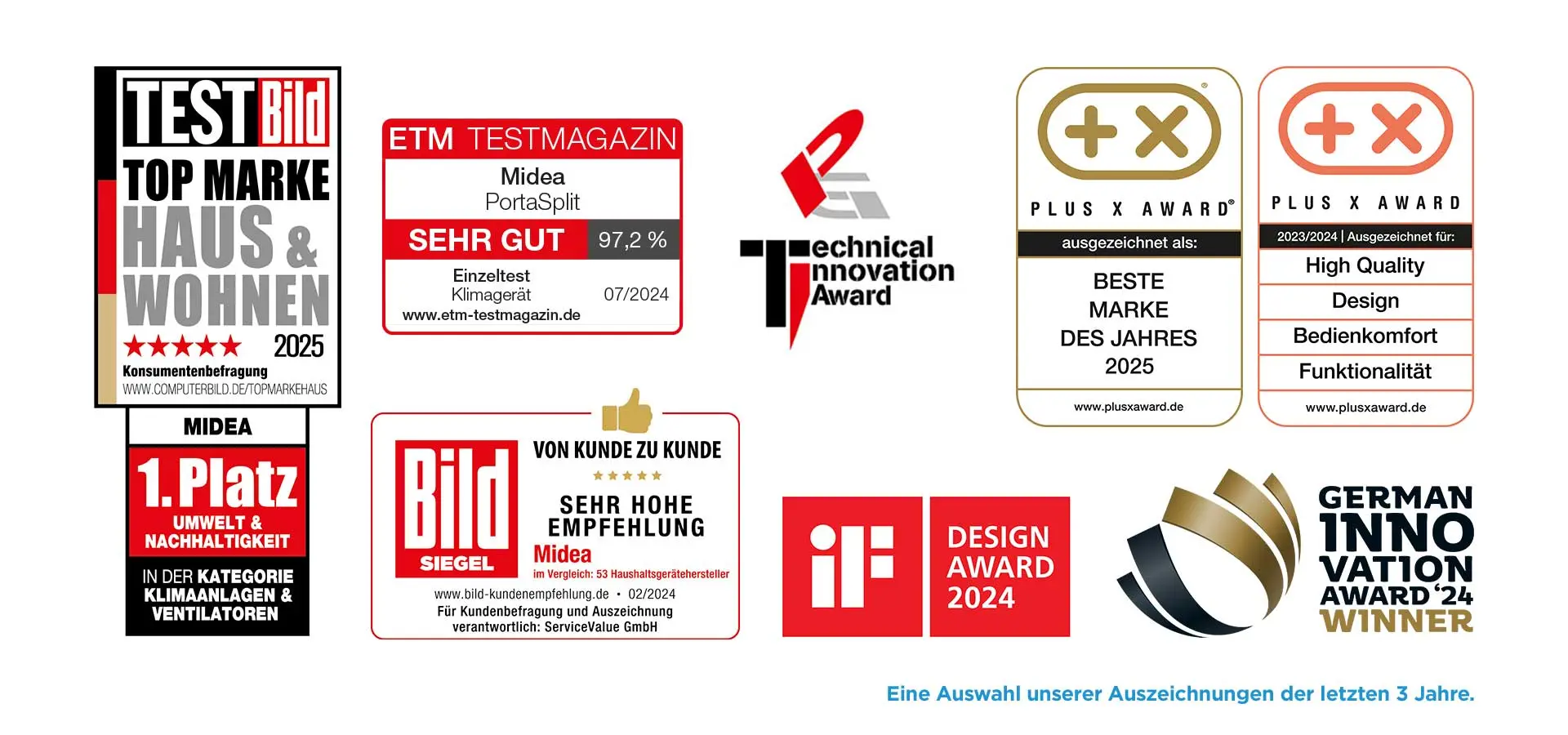 Auszeichnungen Midea der letzten 3 Jahre, u.a. ETM Testmagazin, German Innovation Award, Plus X Award