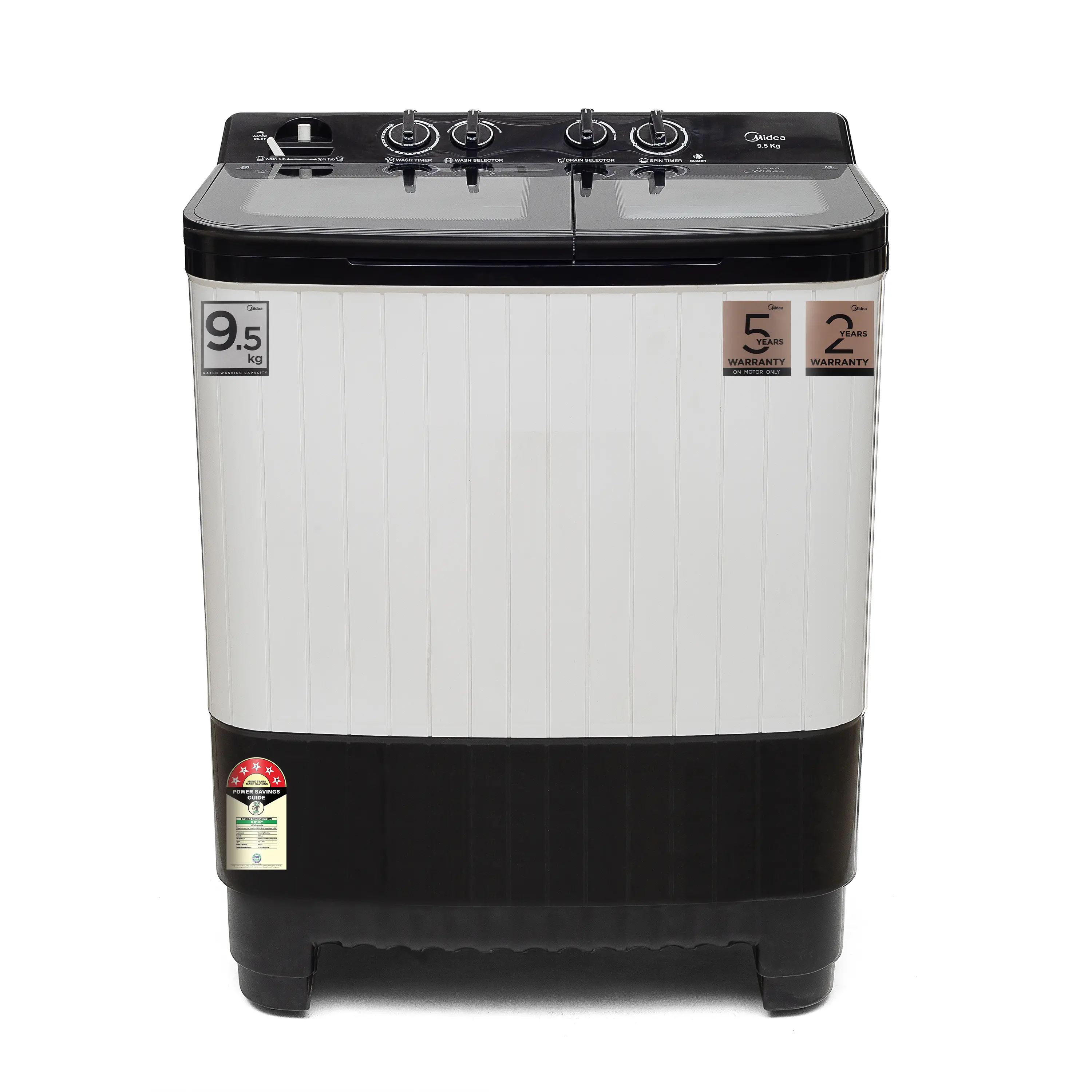 Midea Washing Machine Twin Tub 9.5 Kg, See Through Glass Lid, Soft Close