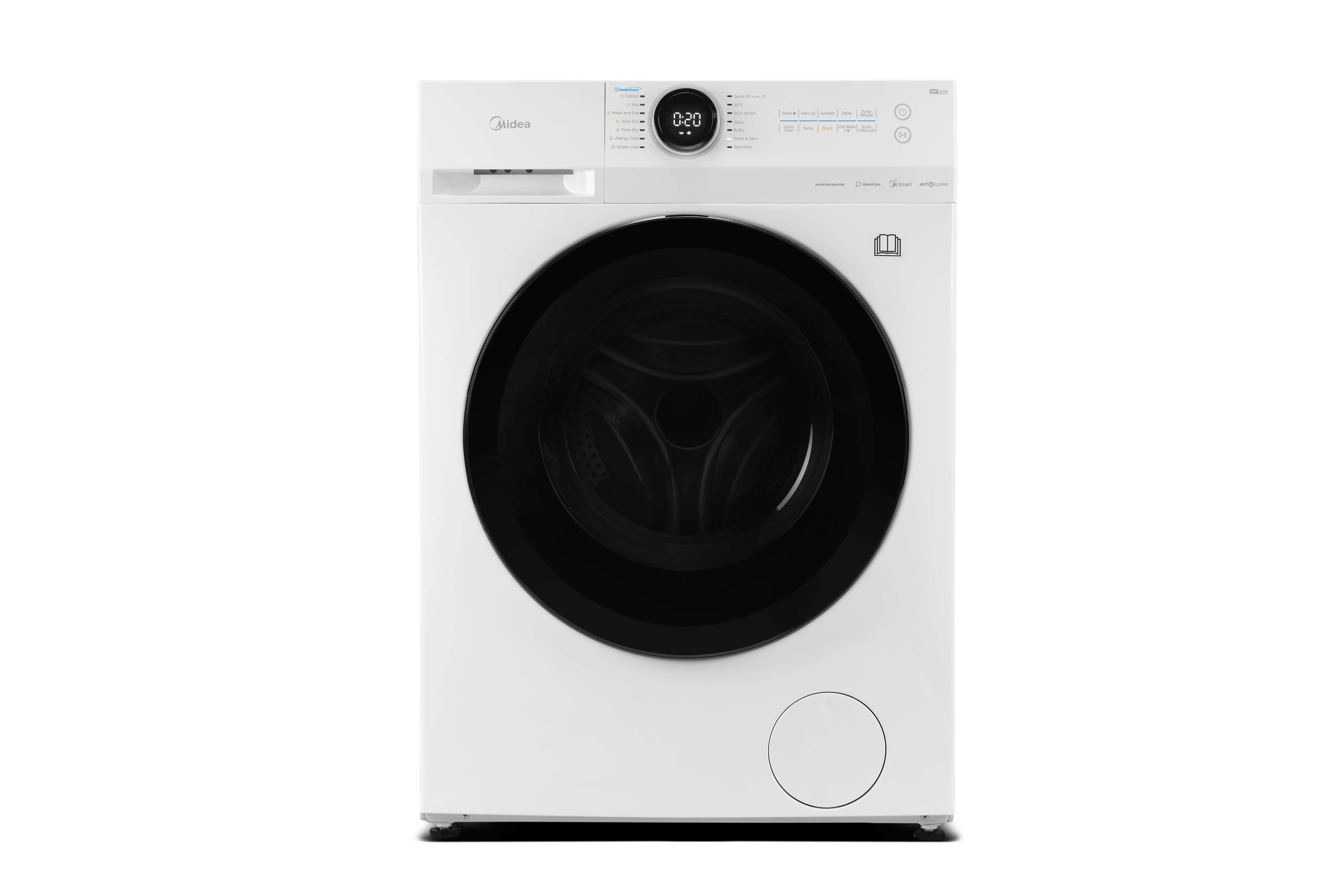 Midea MF20ED80WB Freestanding Washer Dryer, BLDC Motor, Bright LED Display Lunar Dial, Health Guard, Steam, 1400RPM, 8kg/6kg load, APP Control, White [Energy Class A]